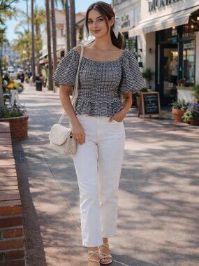NWT Grace & Karma Gingham Puff-Sleeve Peplum Blouse - Black & White